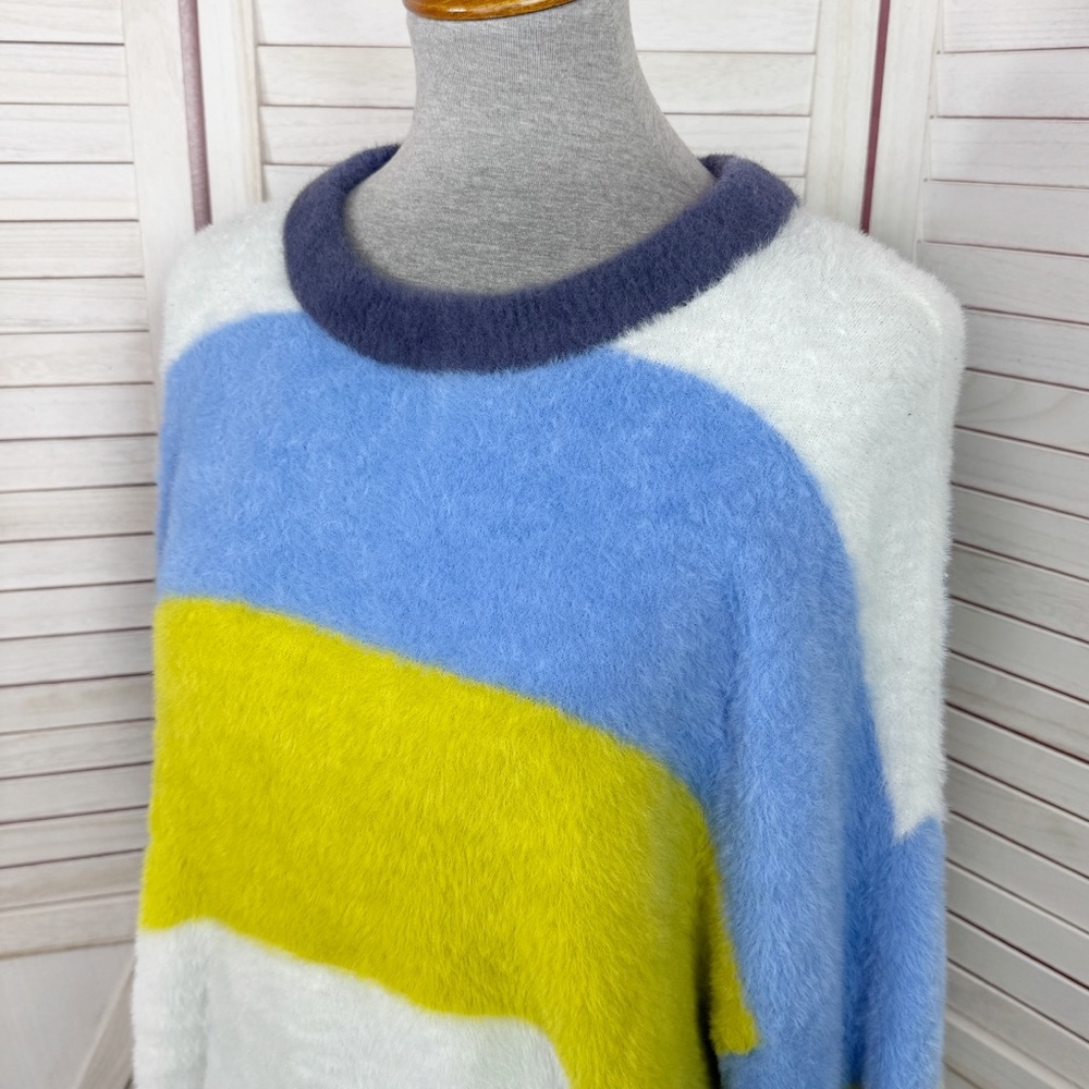 Aerie Flurry Rugby Stripes Fuzzy Oversized Crew Neck Sweater Blue Green‎ Medium - Picture 8 of 15